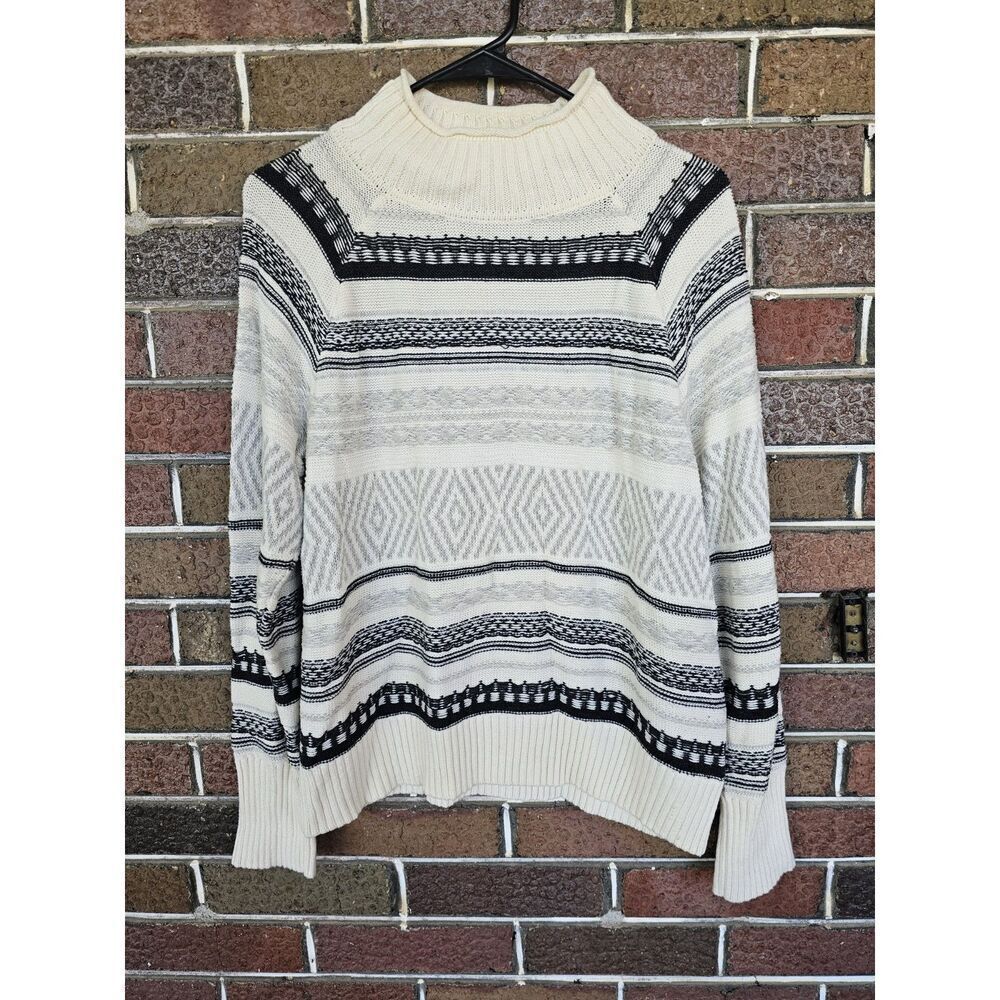 Chaps Ivory & Grey Striped Fair Isle Mock Turtleneck Sweater Pullover Large
